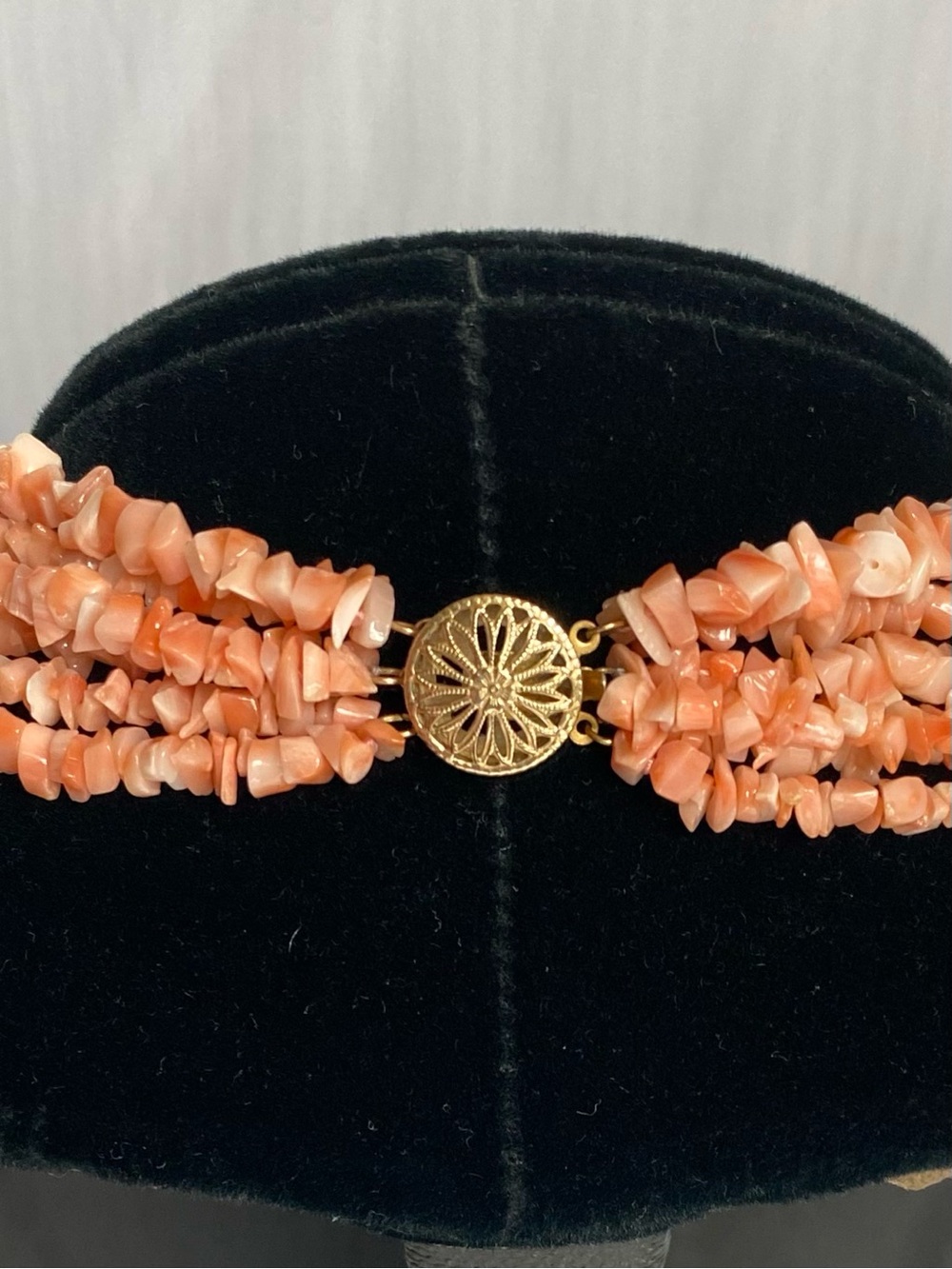 16” Six Strand Coral Chip Necklace with gold filled filigree clasp - Picture 2 of 12